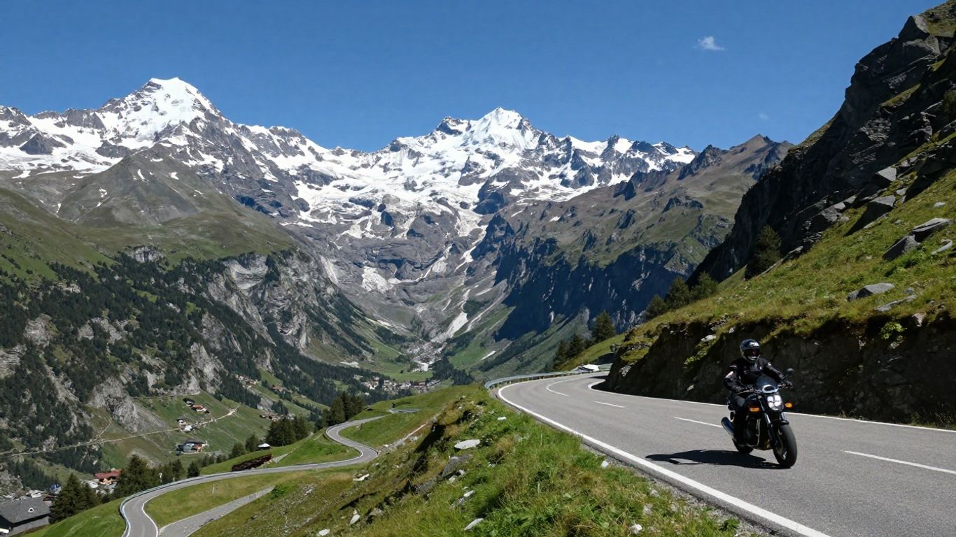 Motorradfahrer auf Alpenpassstraße in malerischer Schweizer Berglandschaft