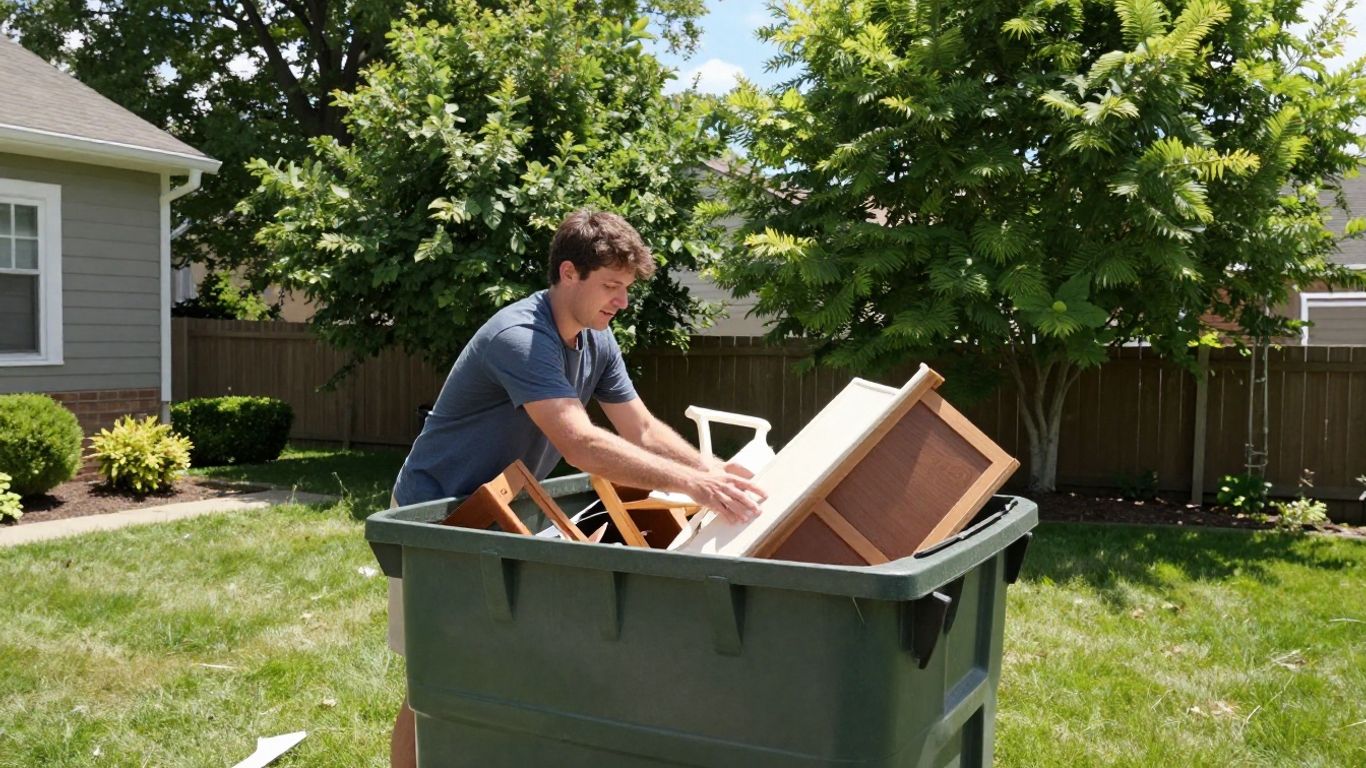 Homeowner loading debris into a rental bin for cleanup.