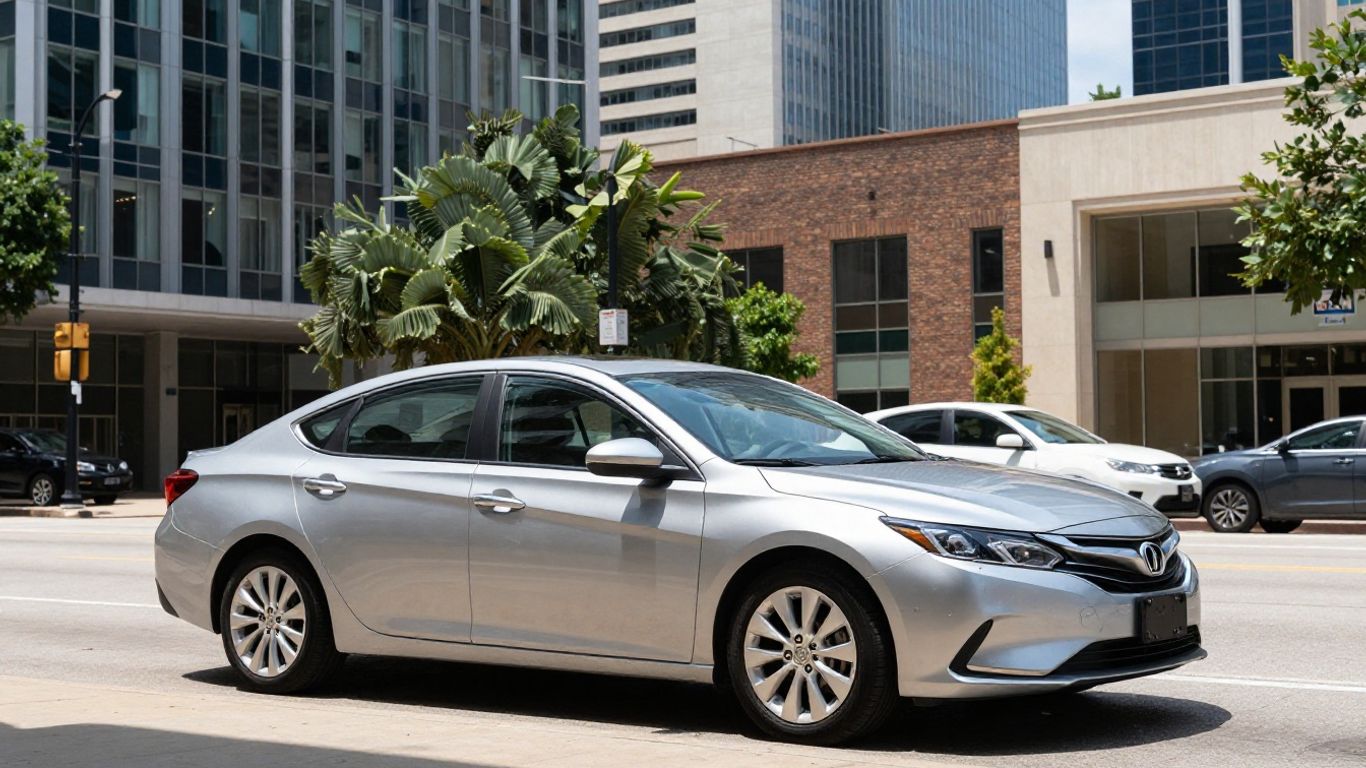 A clean rental car parked in a modern city