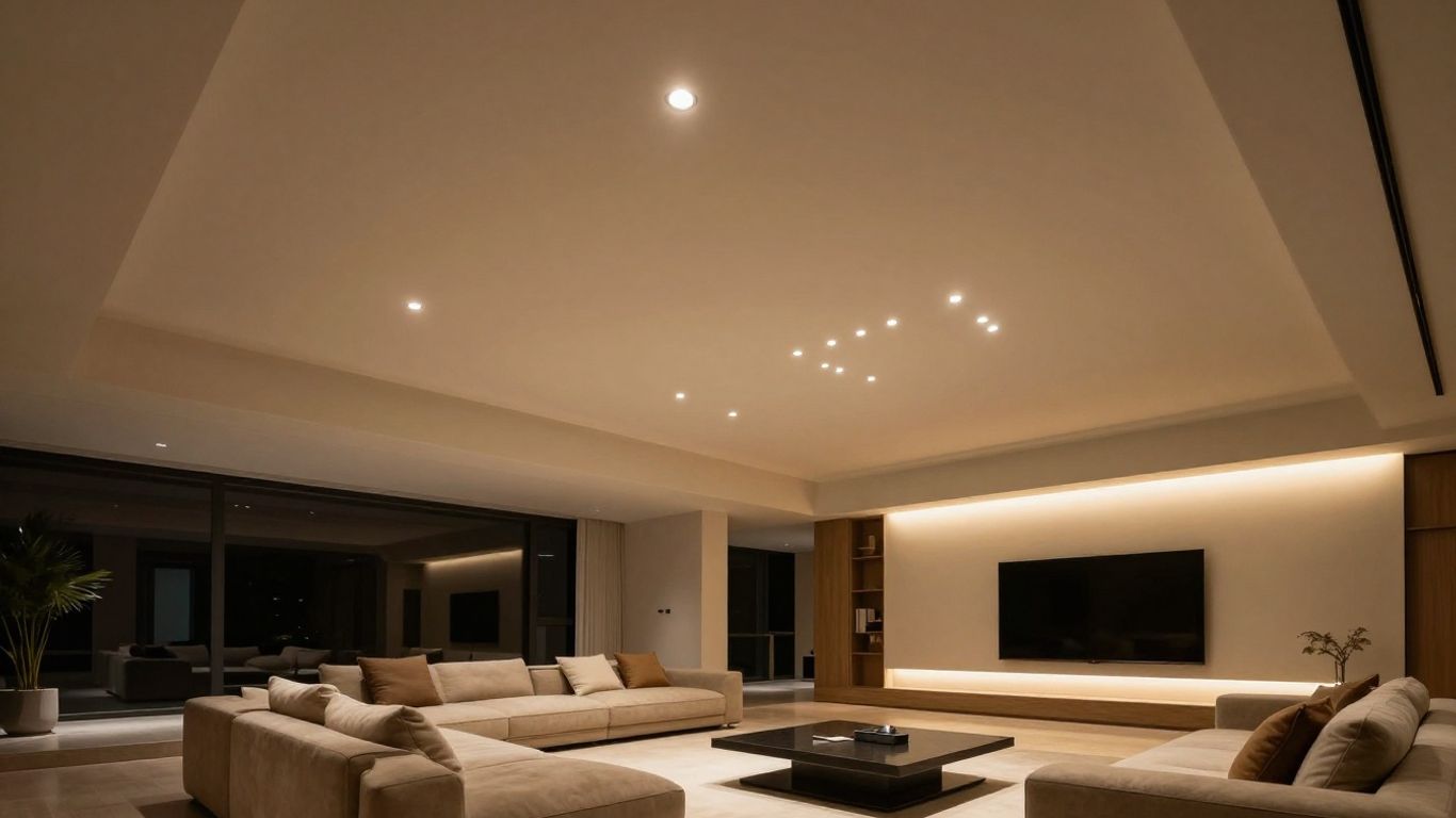 Vaulted ceiling spotlights illuminating a modern living room.