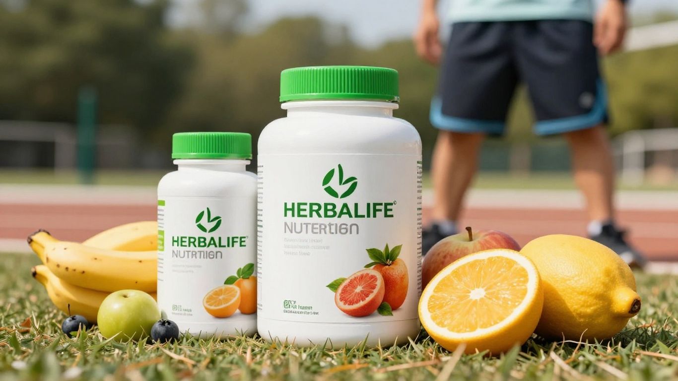 Herbalife products and healthy lifestyle elements.