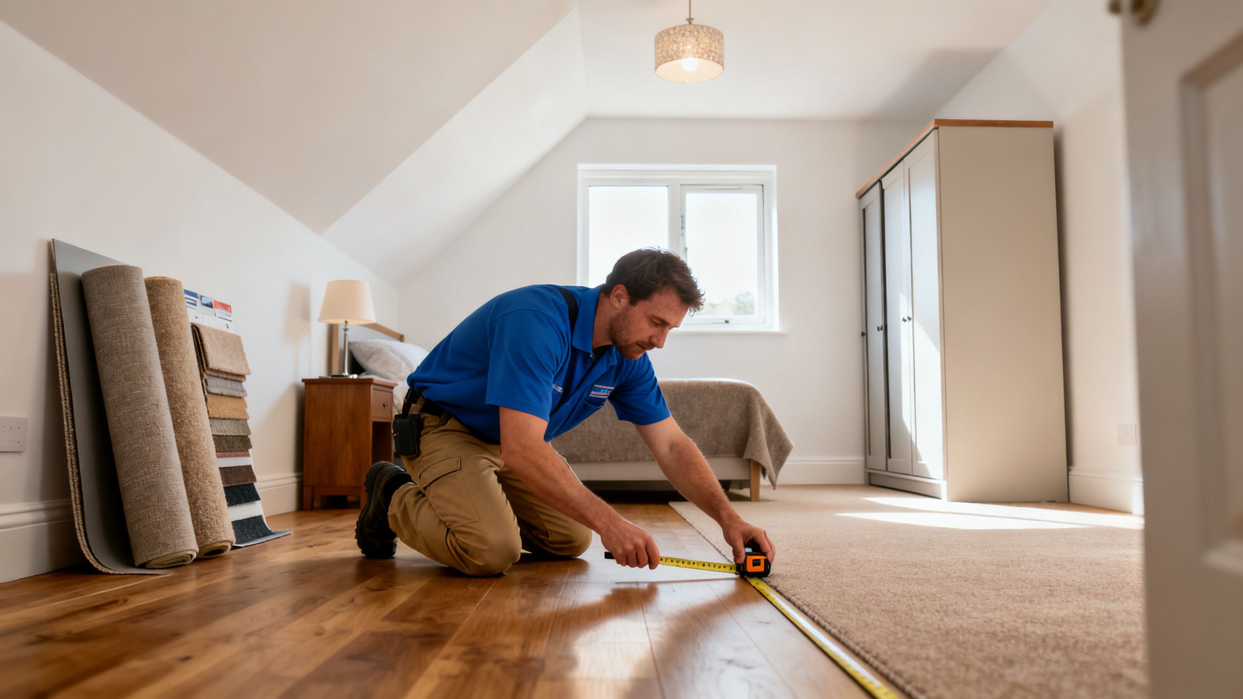 Carpet fitter measuring a typical Bristol double bedroom before installing a mid-range carpet and underlay