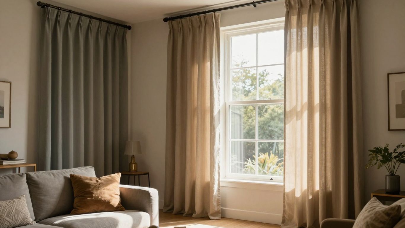 Window treatments in a sunlit living room.