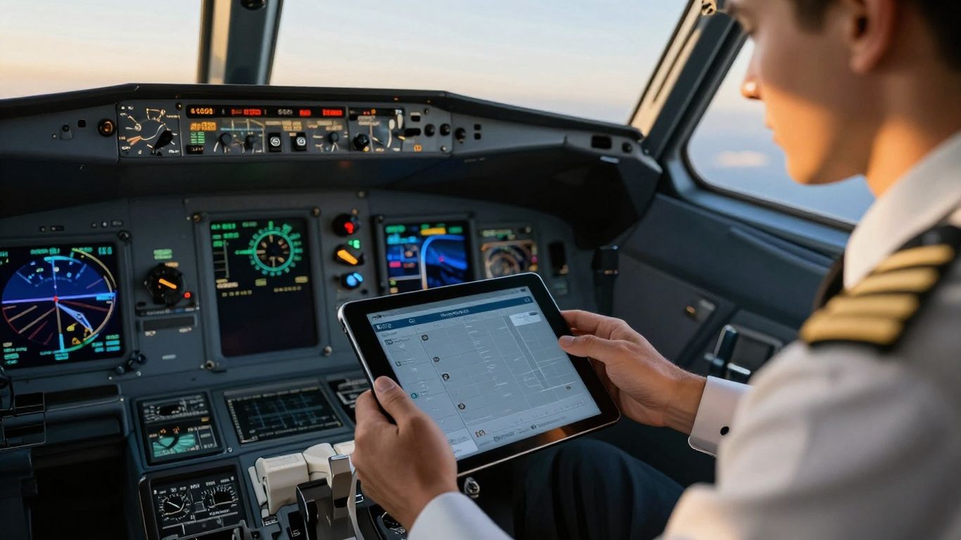 Pilot checking flight path on digital tablet
