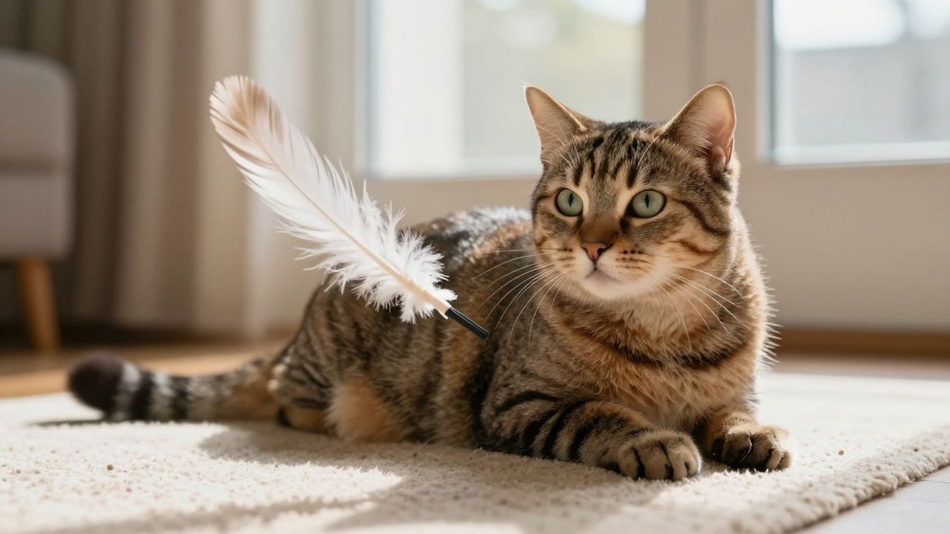 Cat watching a feather toy during play