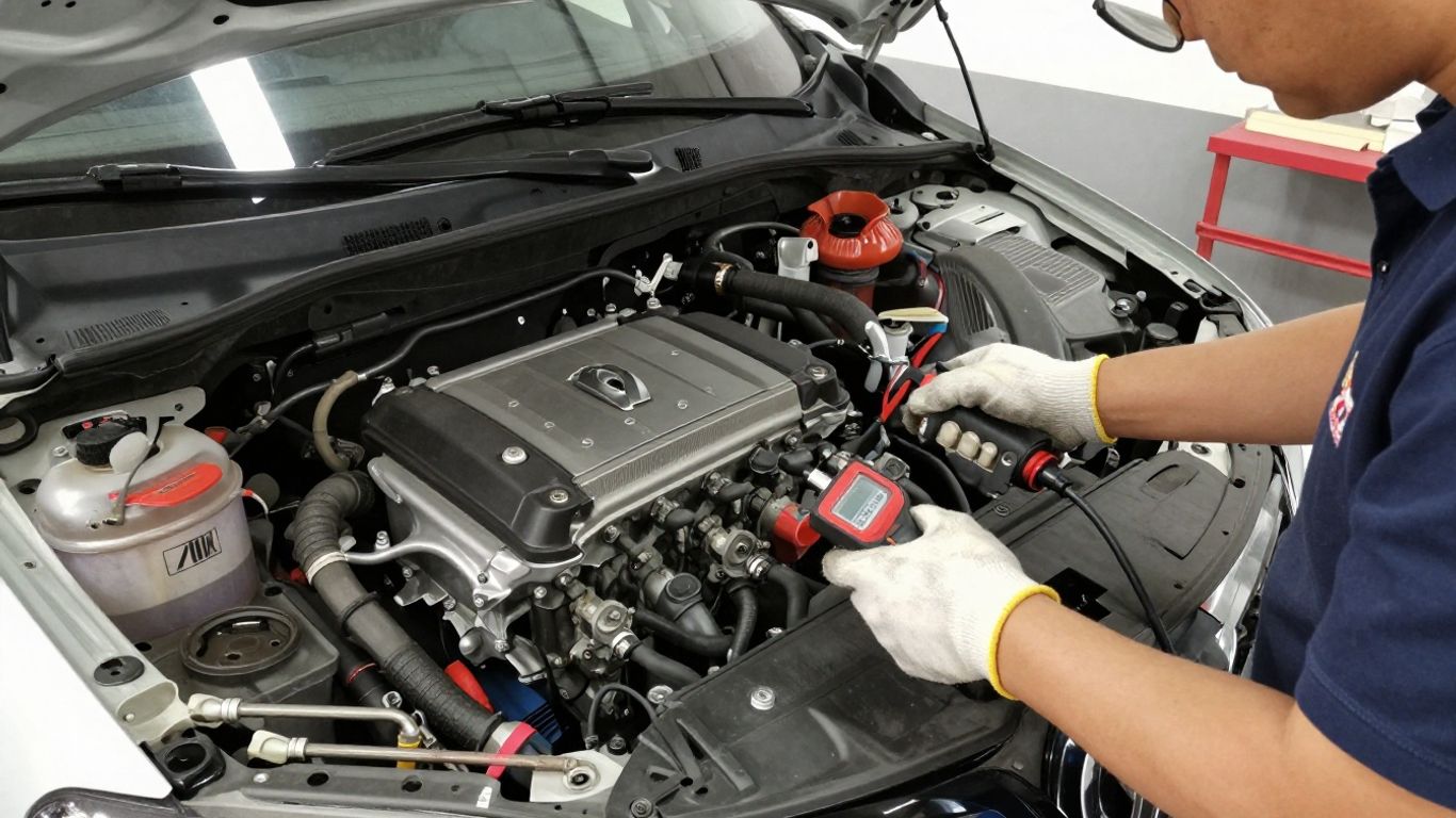 Technician testing vehicle cooling system