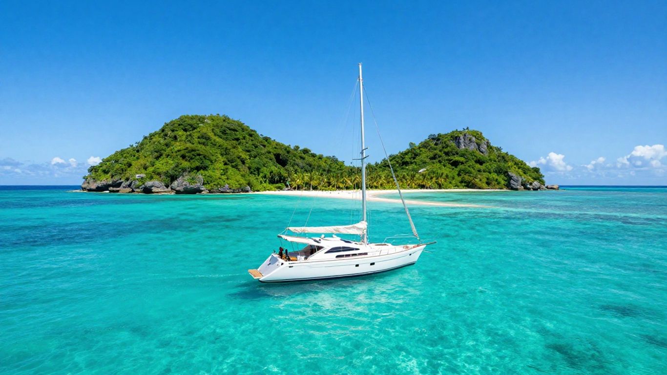 Sailing yacht on turquoise water near tropical islands.