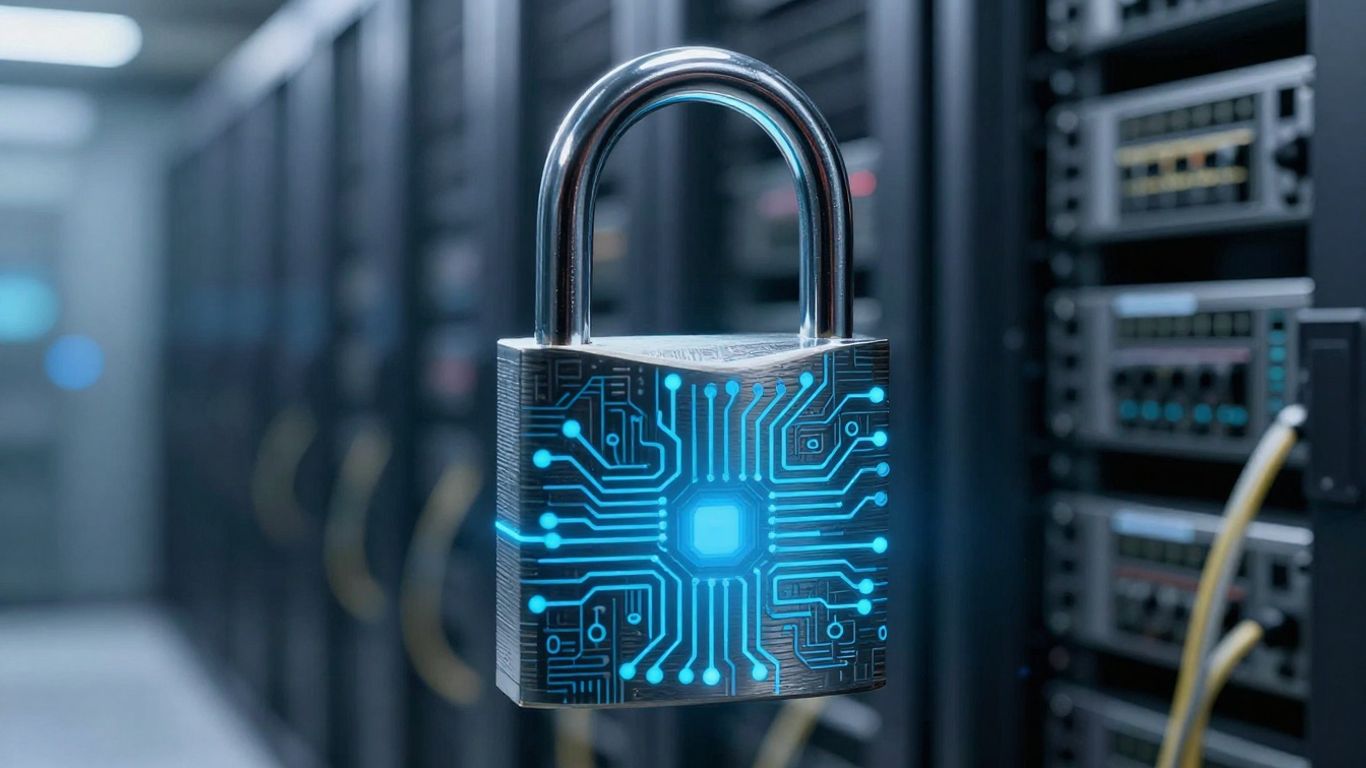 Padlock with digital circuit pattern, glowing blue light inside.