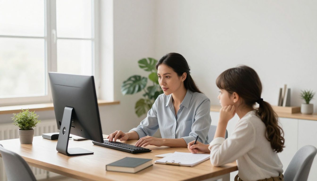 A professional working mother at a clean desk engaging with her daughter, reflecting a atmosphere of intention, growth, and organized balance in a bright, modern home office.