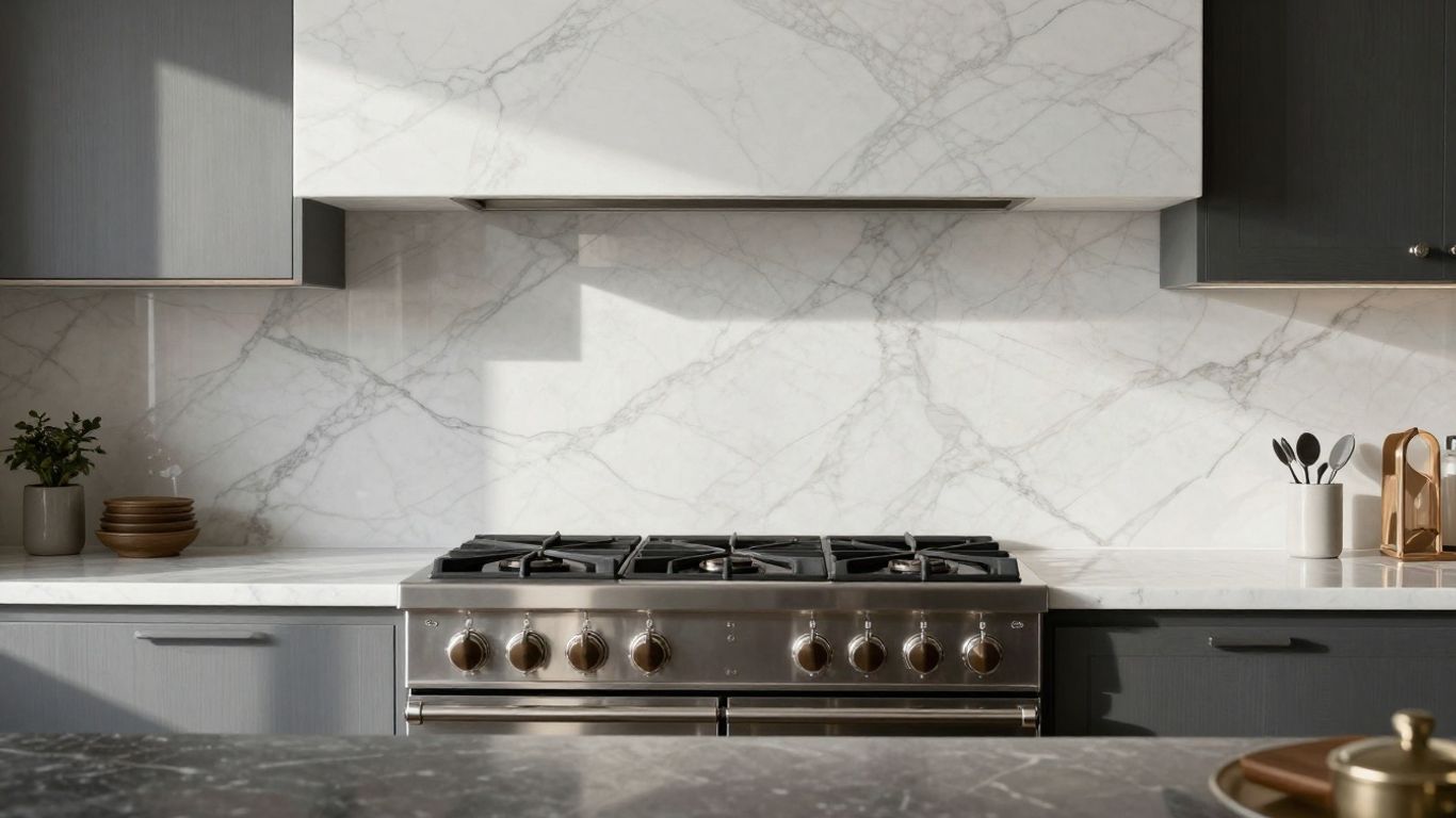Elegant marble kitchen splashback behind a stove.