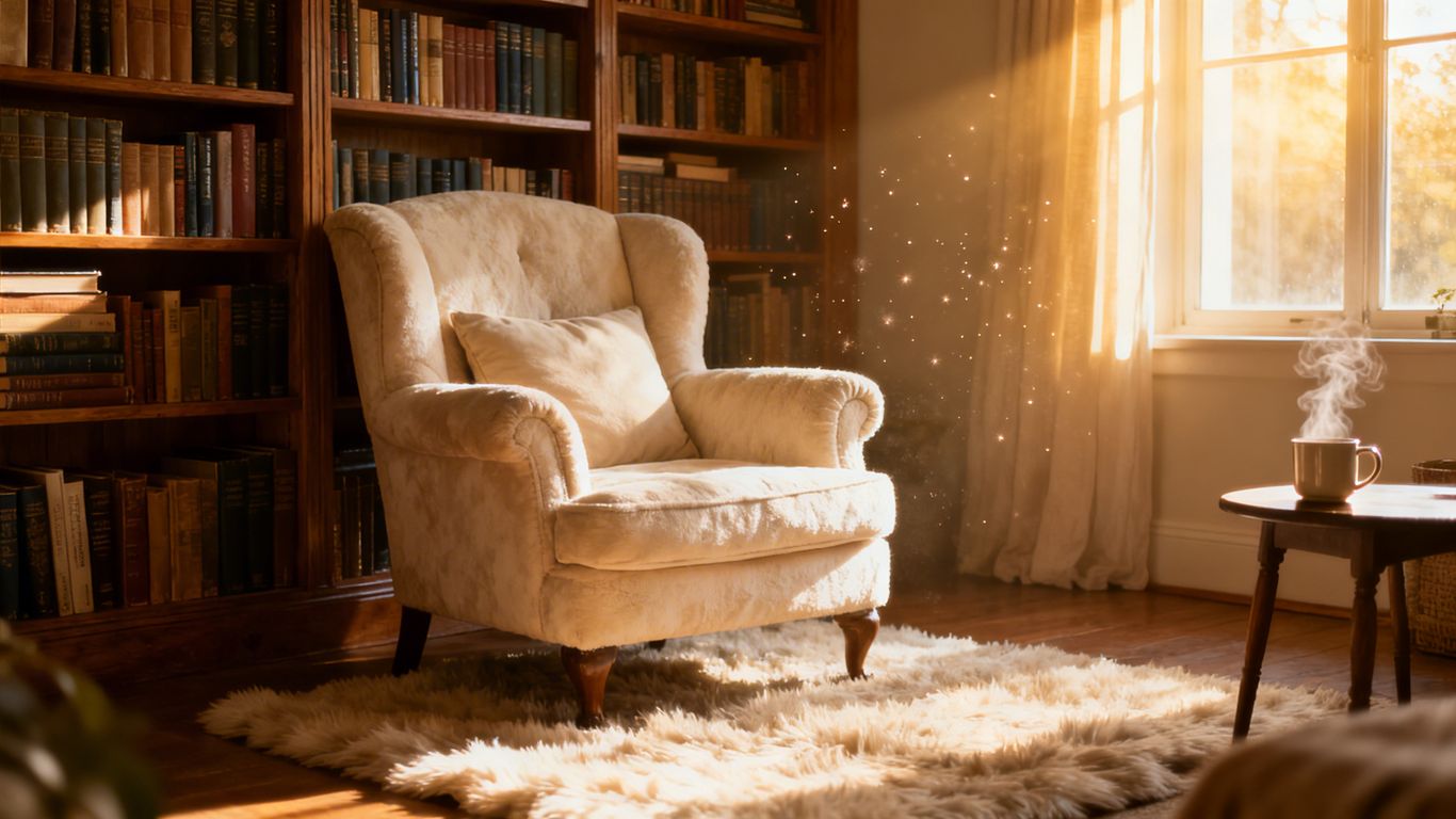Cozy reading nook with armchair, books, and warm lighting.