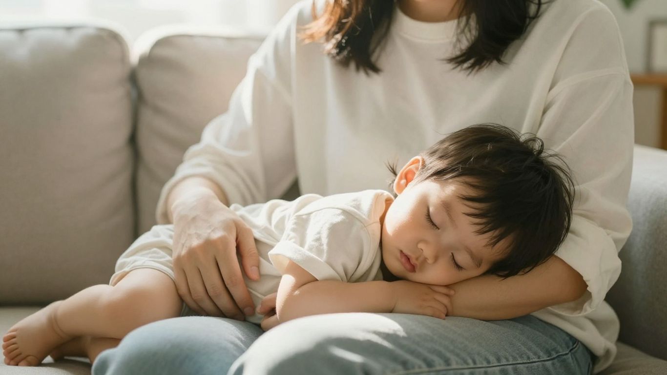 Parent holding sleeping child peacefully on couch.