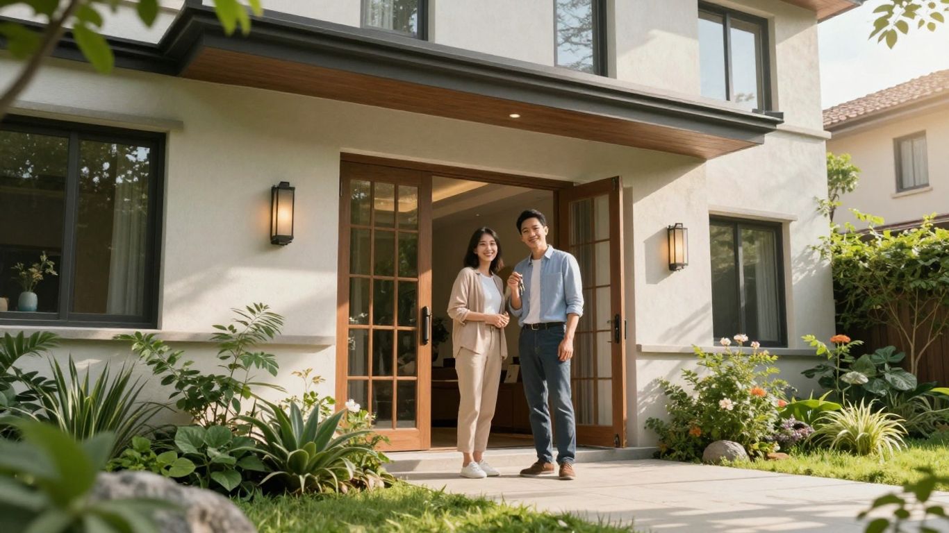 Droomwoning met gelukkig stel voor de deur