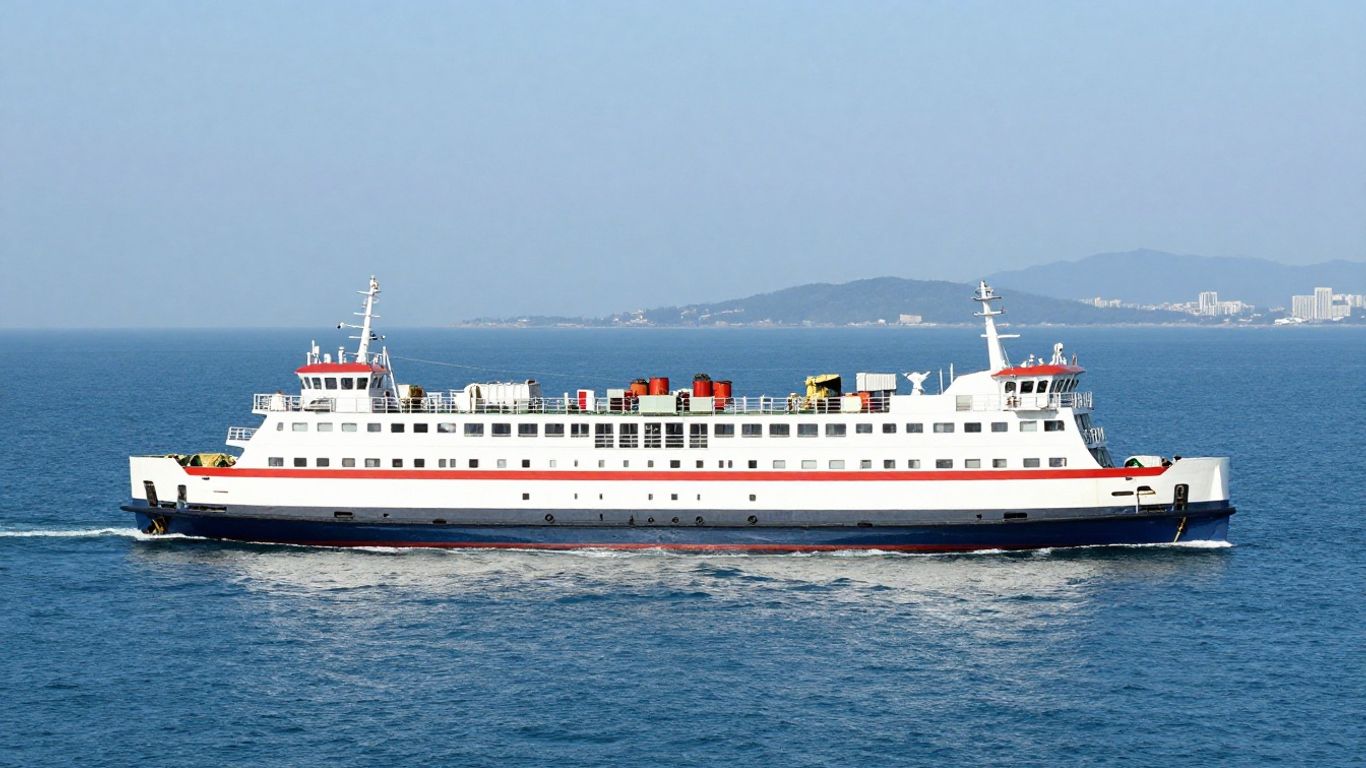 Ferry sailing across the sea towards a city skyline.