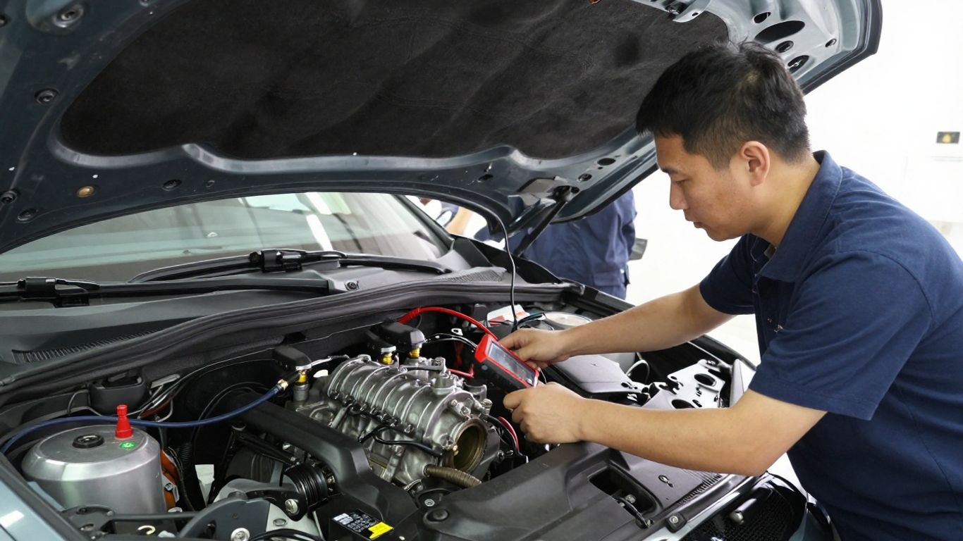 Technician scanning vehicle transmission system