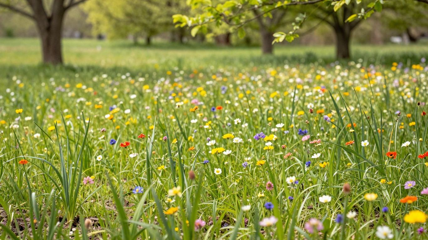 Frühlingswiese mit Blumen und neuem Grün