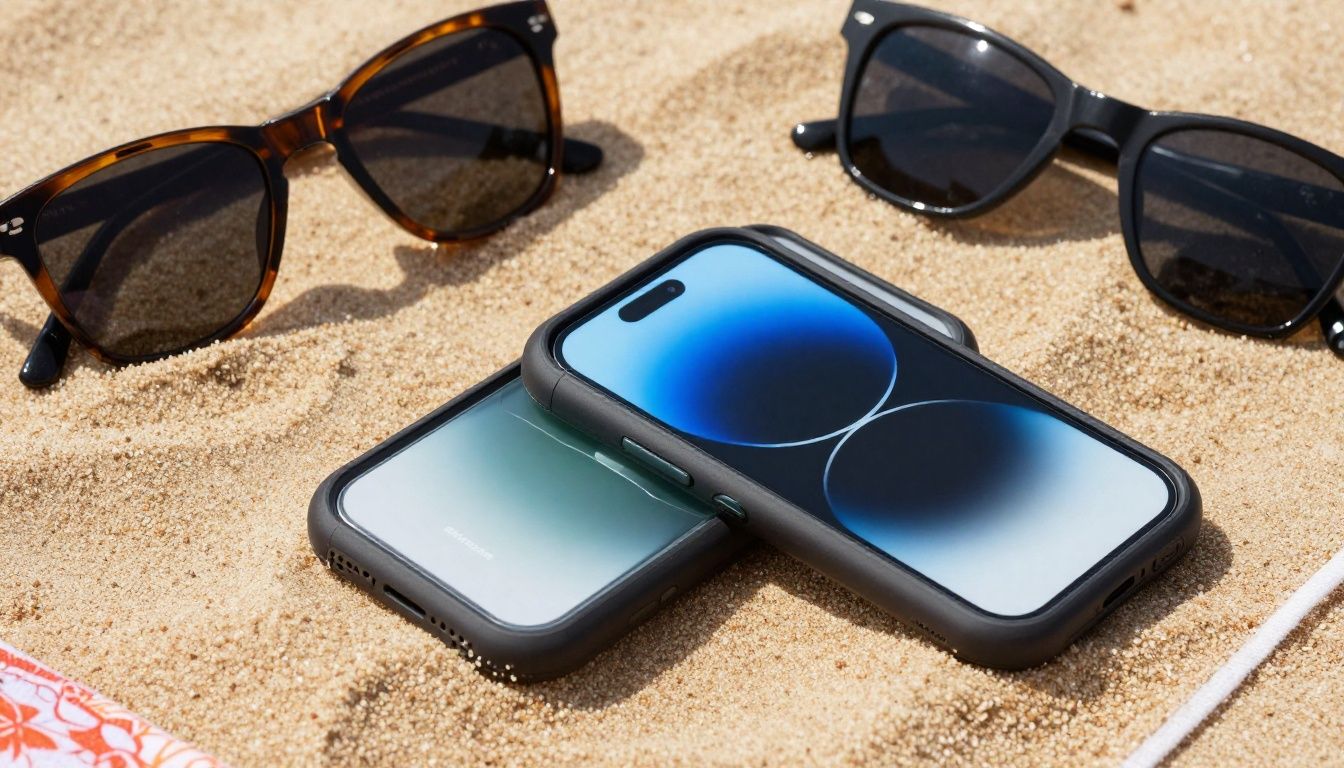 A close-up of an iPhone 15 in a waterproof case, sitting on a sandy Australian beach towel next to sunglasses.