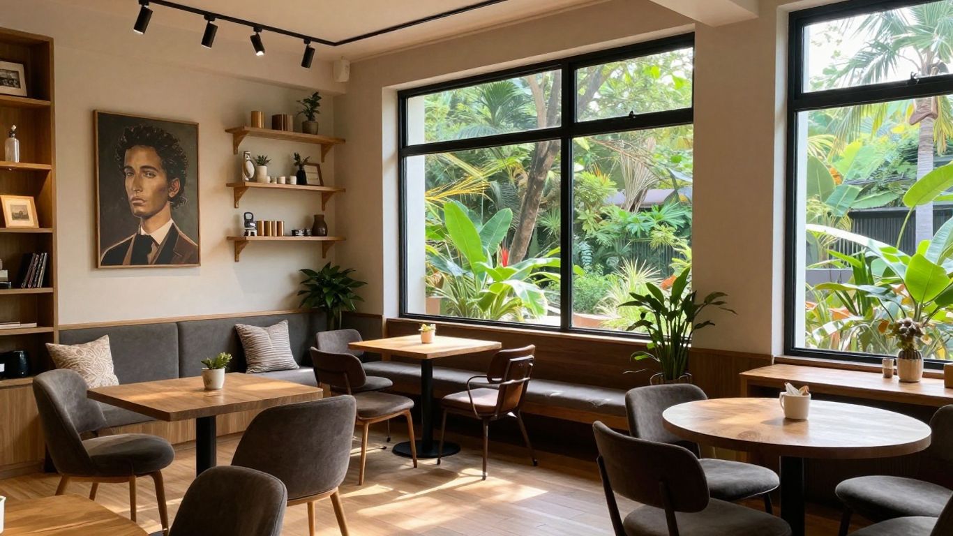 Cozy boutique apartment interior with scenic green views.