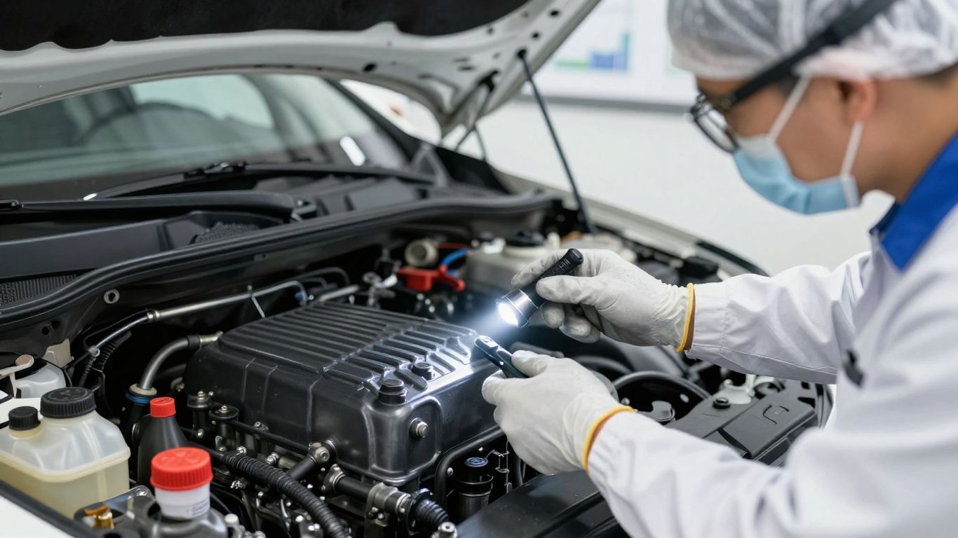 Technician inspecting power steering fluid reservoir