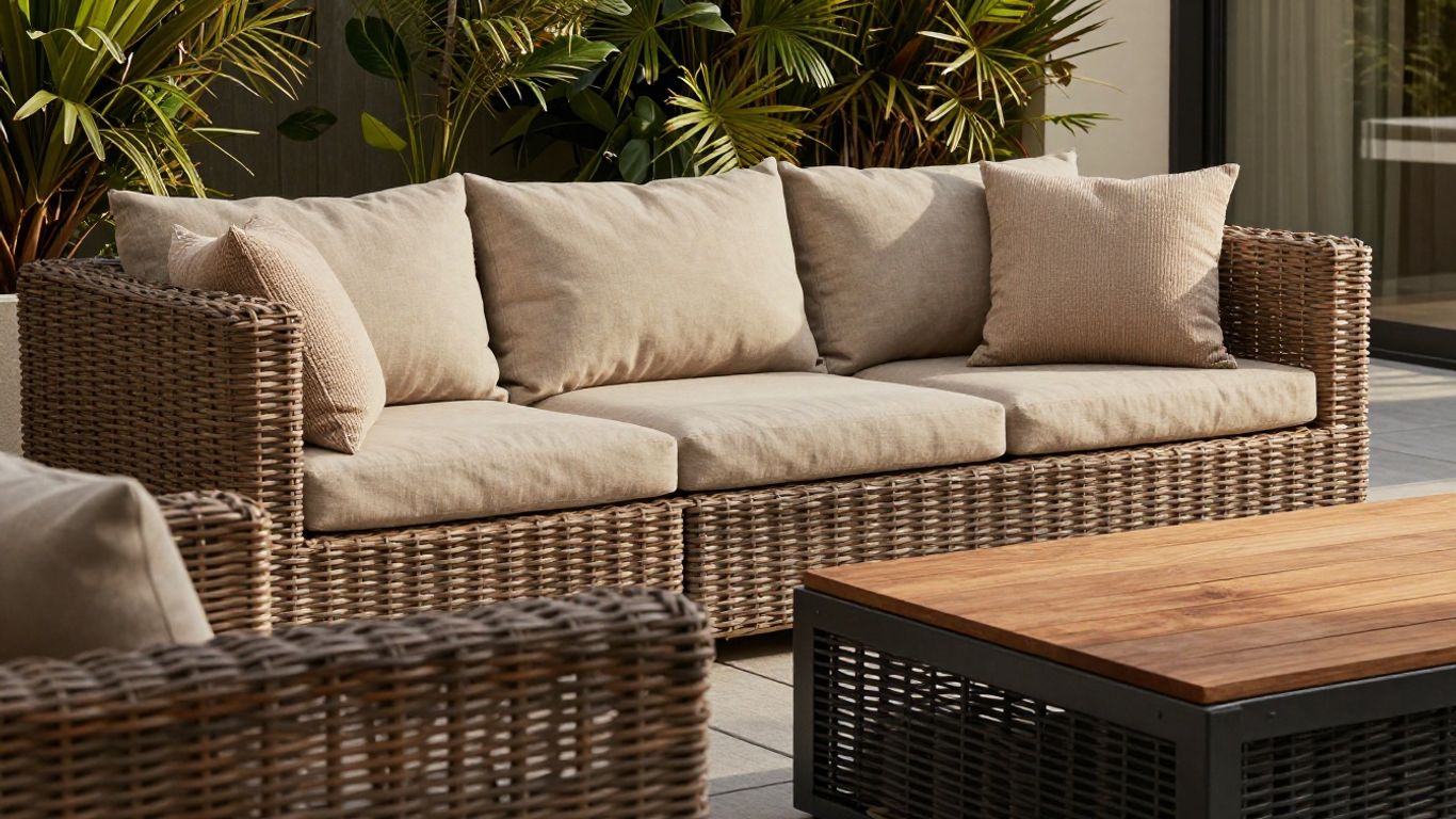 Outdoor sofa materials on a sunlit patio