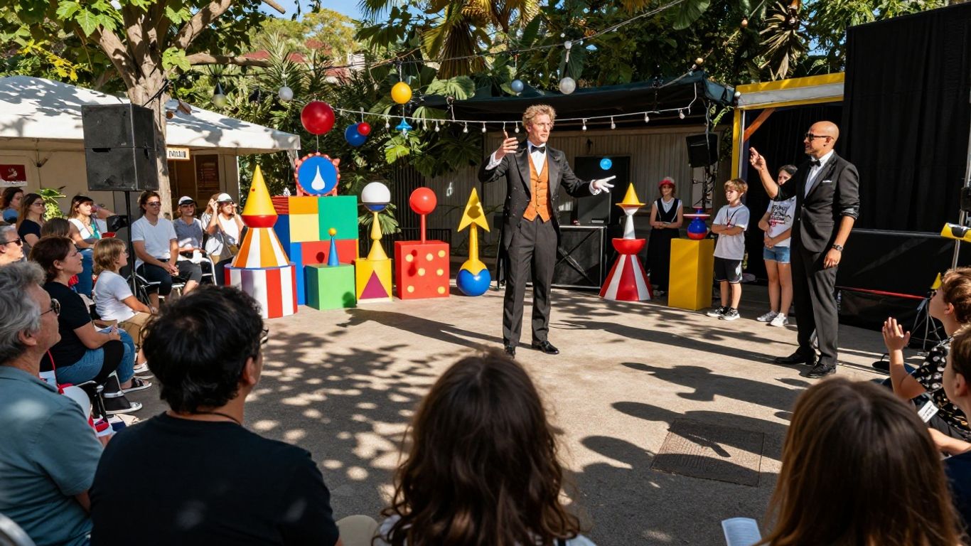 Magician performing an outdoor magic show on a sunny day.