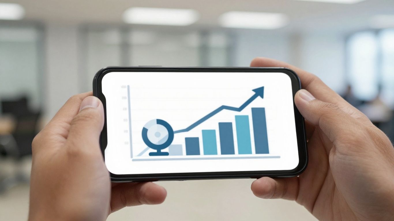 Hands holding phone with data flow to business profile.