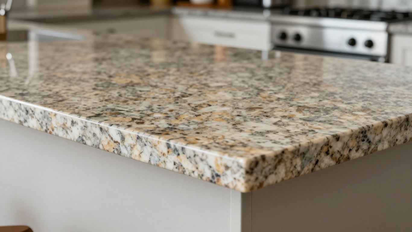 Polished granite countertop reflecting light in a modern kitchen.