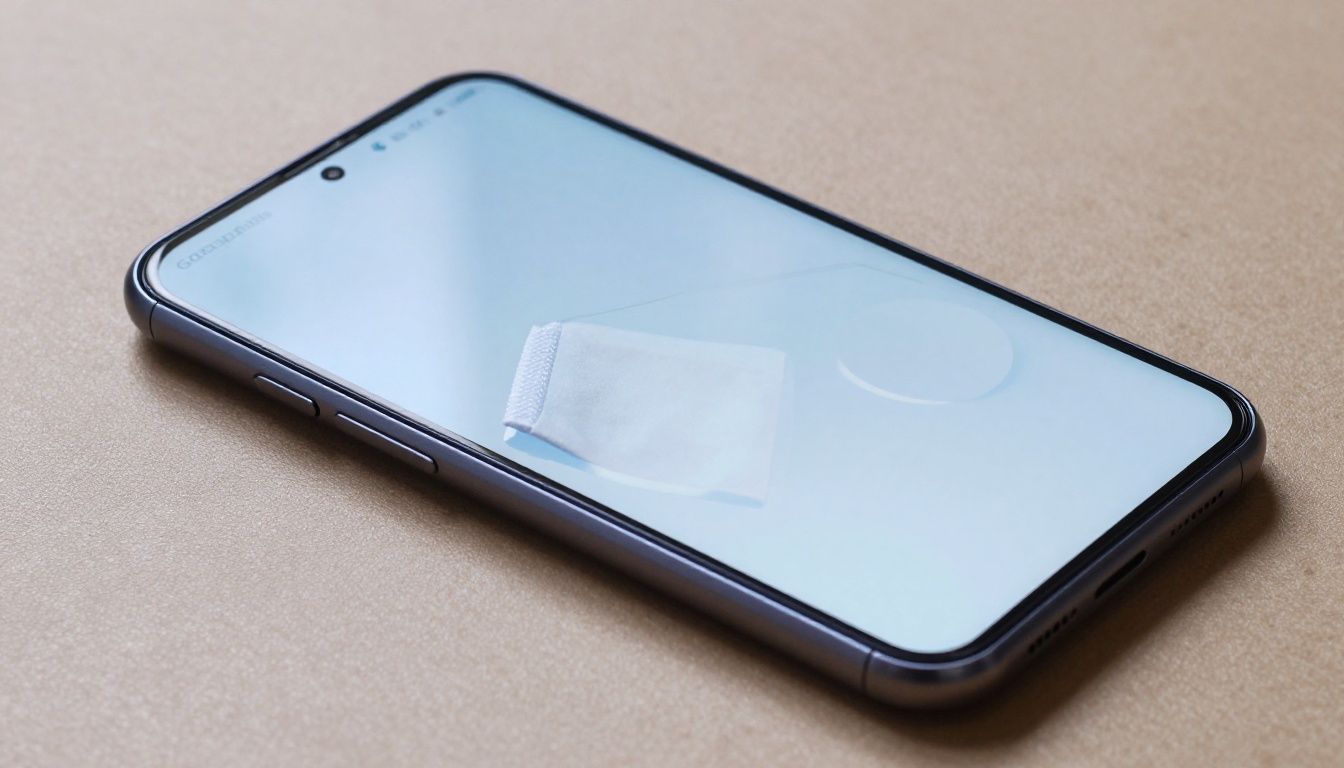 A Galaxy S25 Edge with a screen protector being wiped clean with a microfibre cloth, showing a pristine, scratch-free screen.