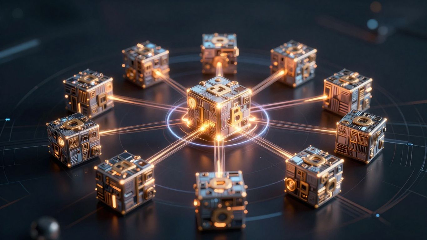 Interconnected digital blocks forming a complex network.