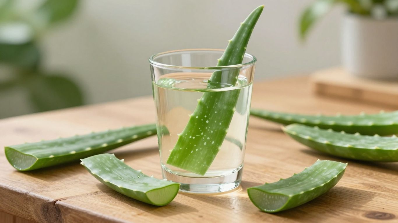Aloe juice and fresh aloe leaves on table