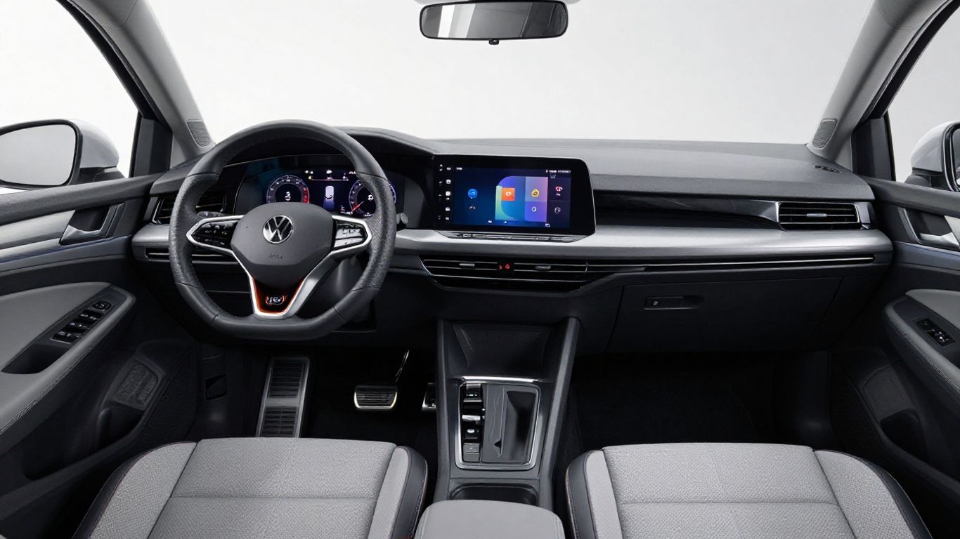Innenraum eines VW Golf mit modernem Infotainment-System.
