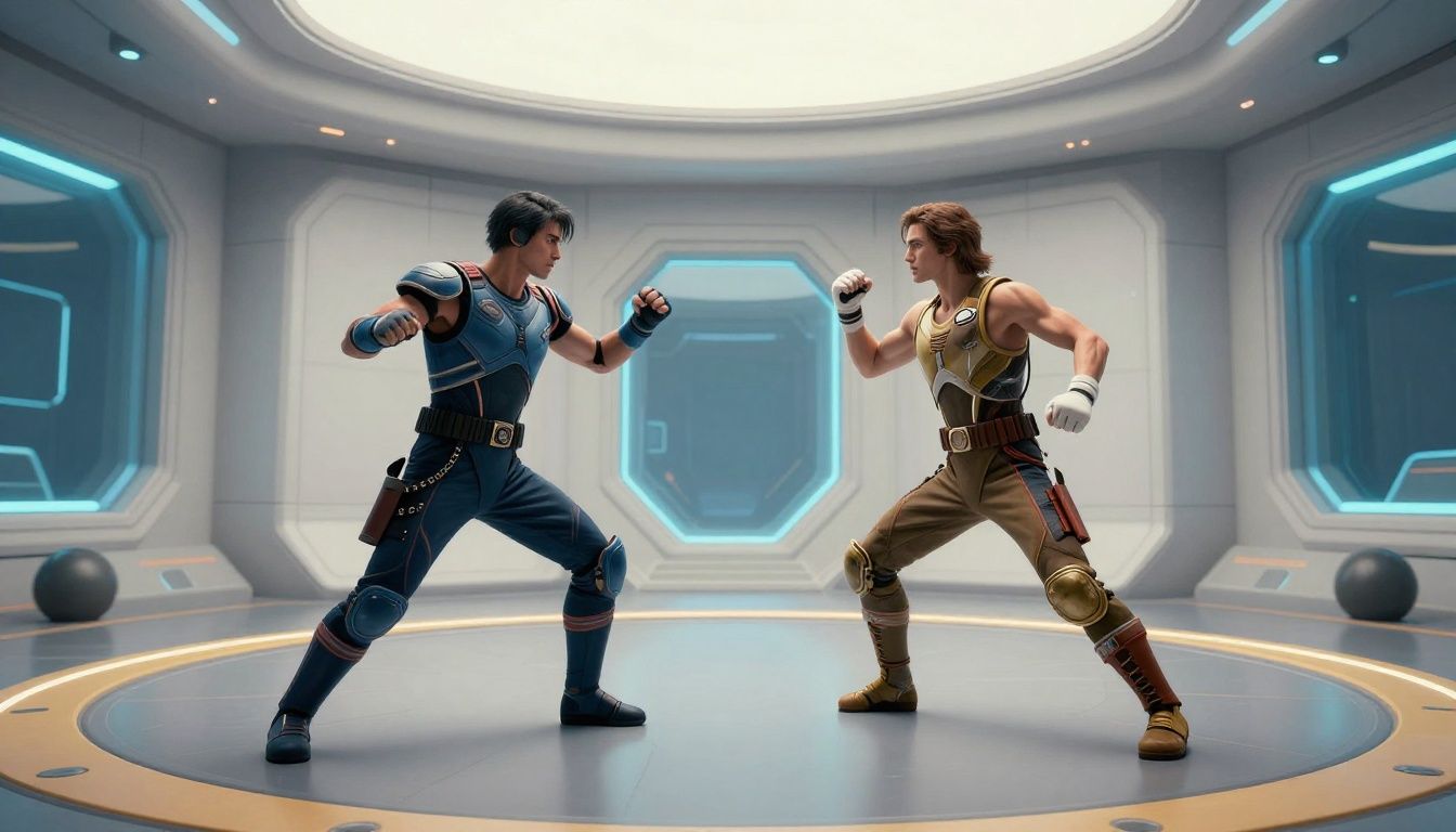Dois lutadores se enfrentando em uma arena futurista
