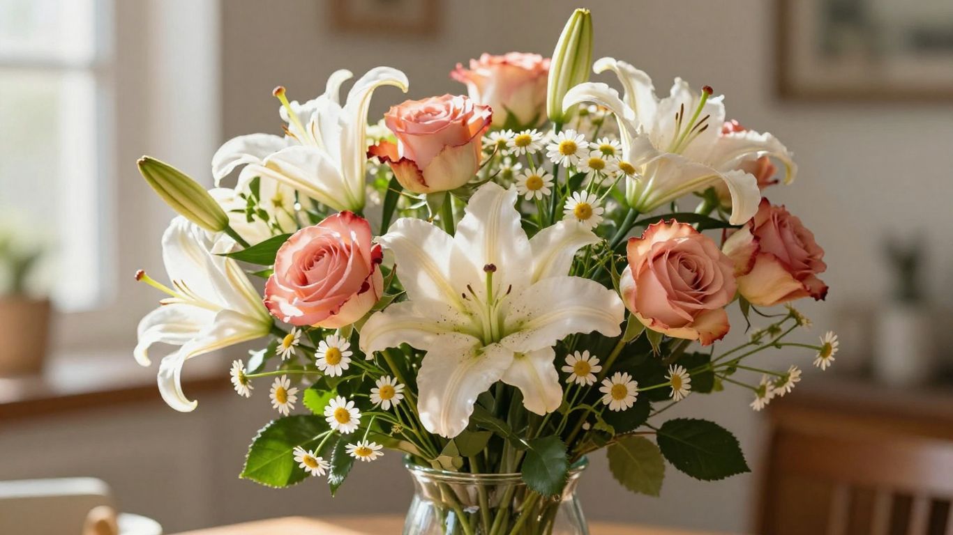 Vibrant birthday flower bouquet in a glass vase.