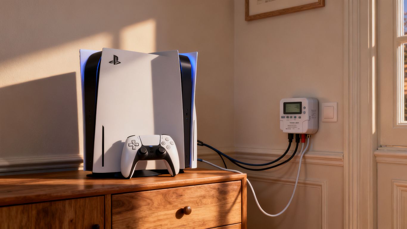 Consola PS5 y contador eléctrico en un salón