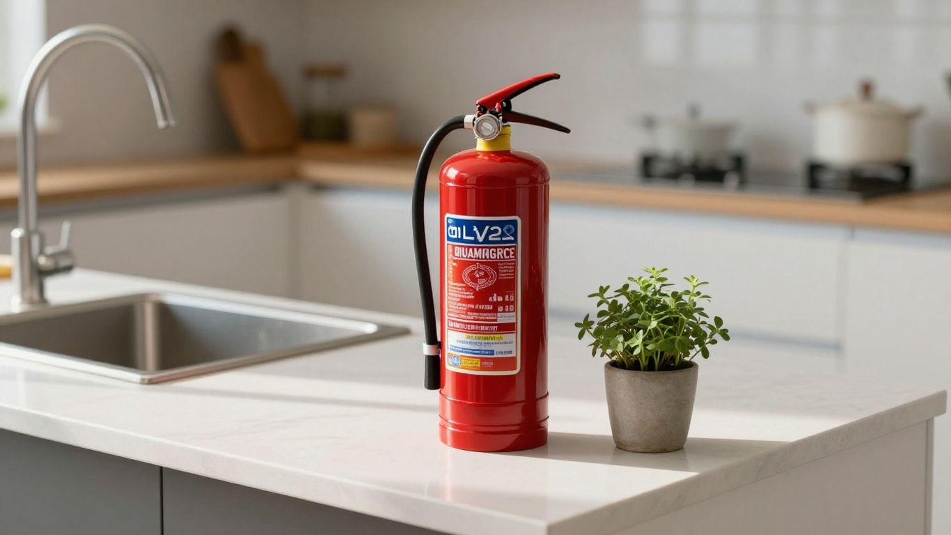 Red fire extinguisher on a kitchen counter