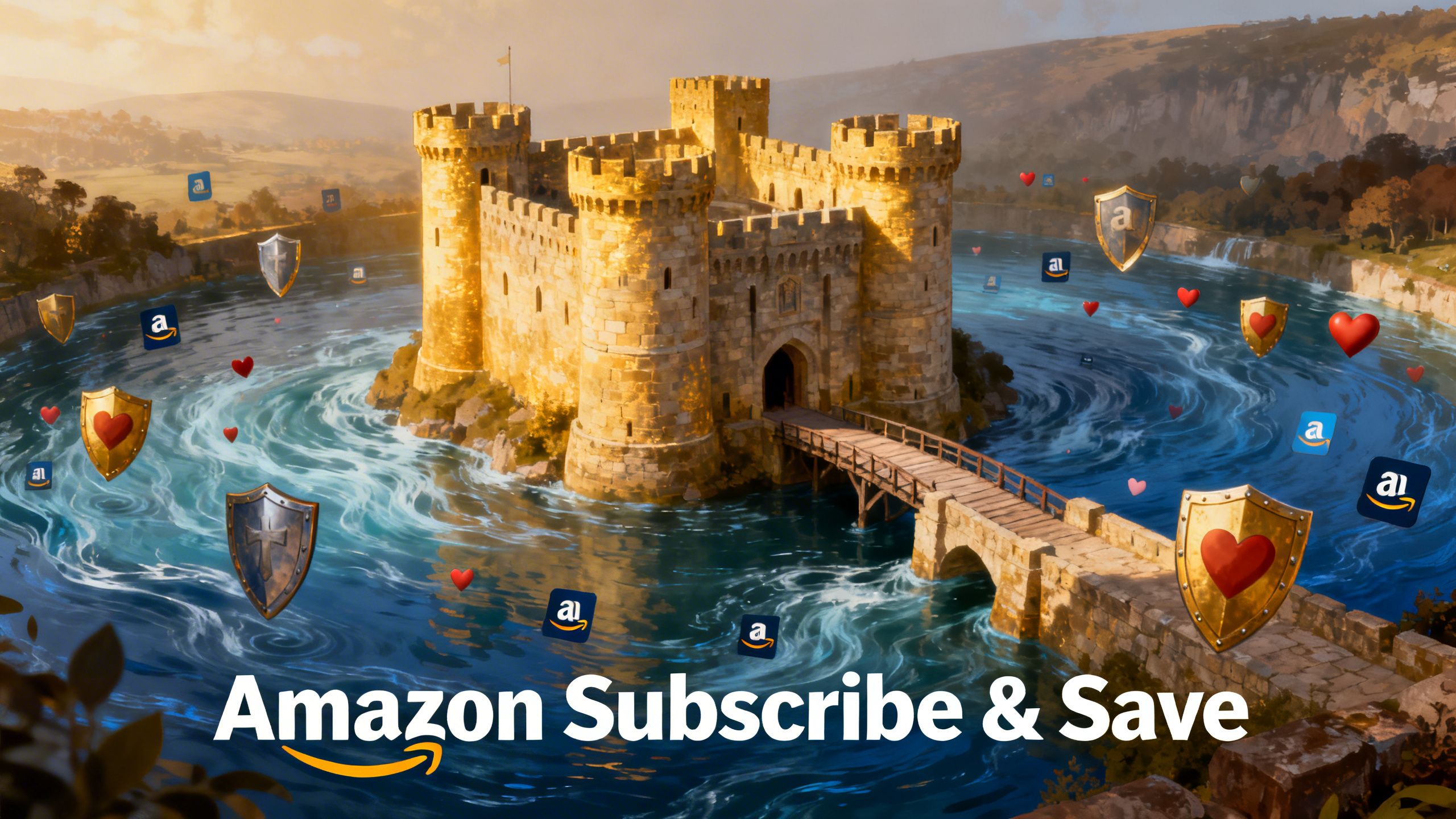 An illustration of a castle with a moat, symbolizing a brand protected by customer loyalty from the Amazon Subscribe & Save program