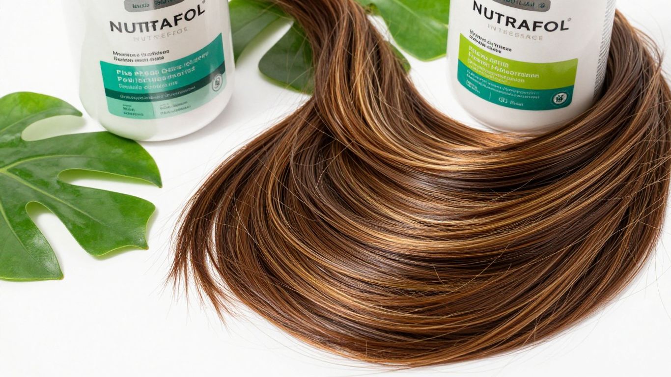 Healthy hair with Nutrafol bottles and green leaves