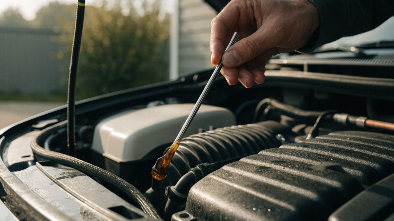 Engine oil check beside an open hood