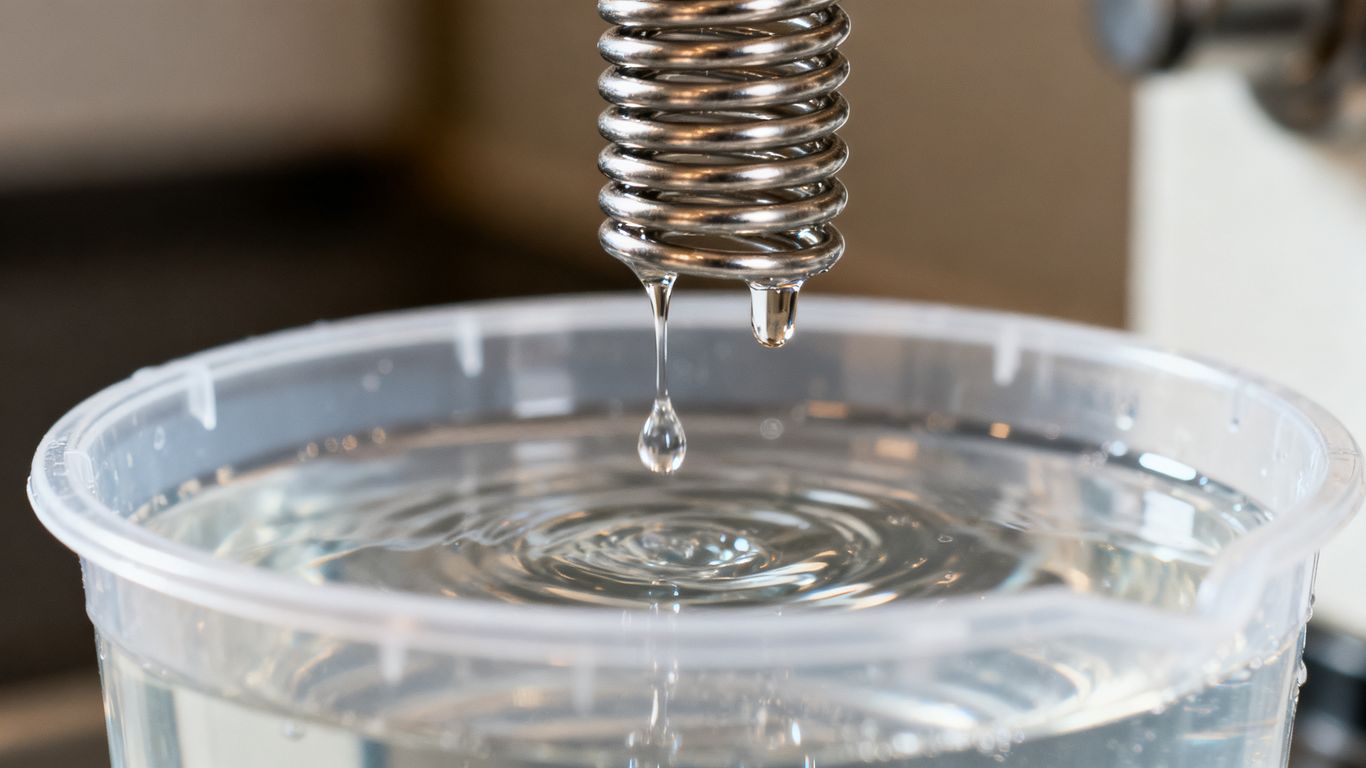 Clean water dripping into a plastic collection bucket