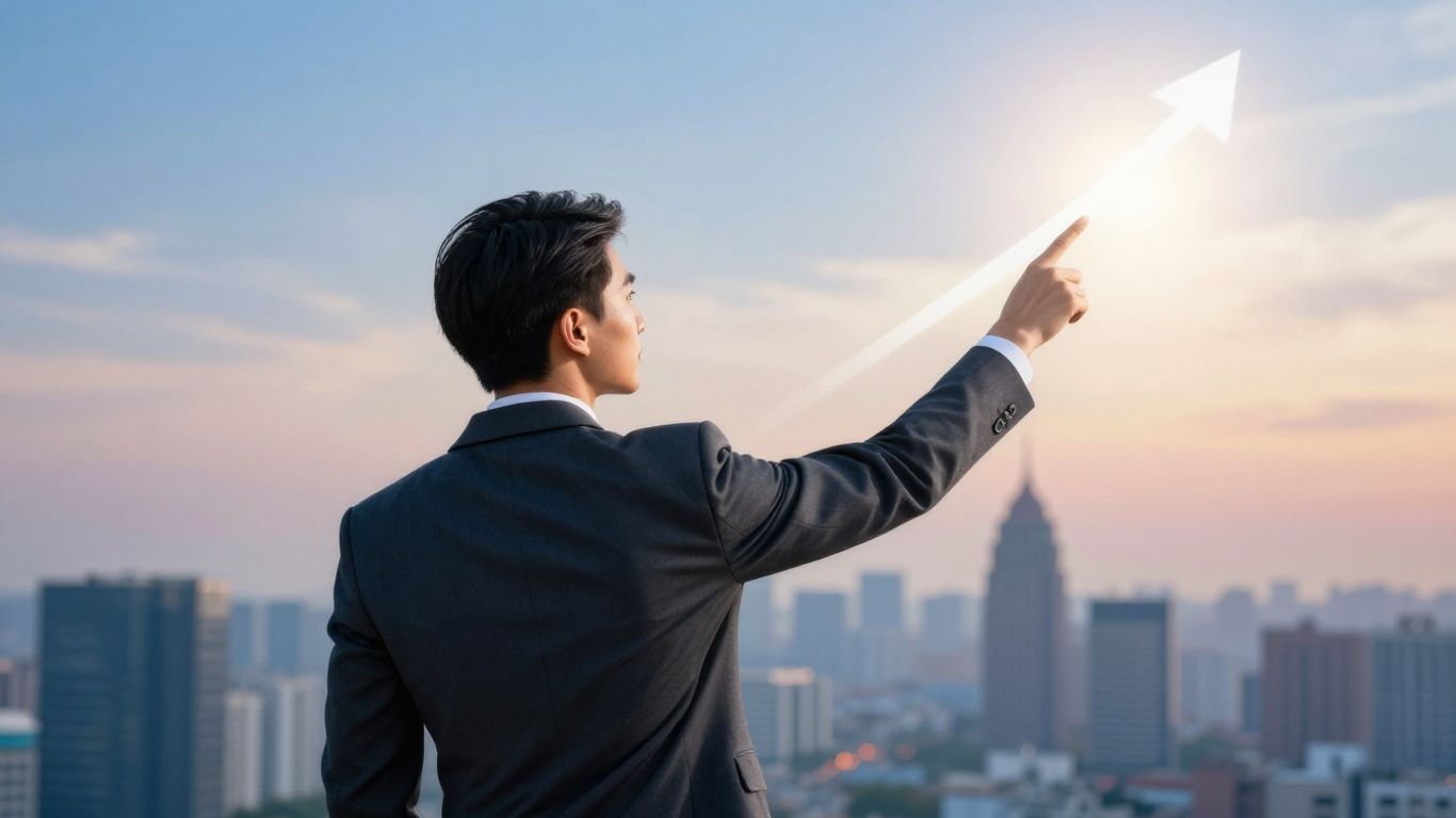 Business professional pointing to growth trajectory