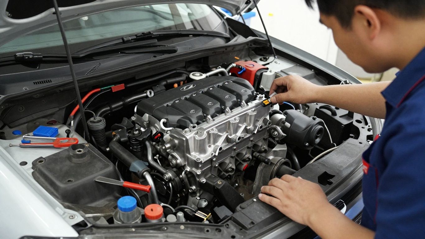 Mechanic inspecting Hyundai engine components