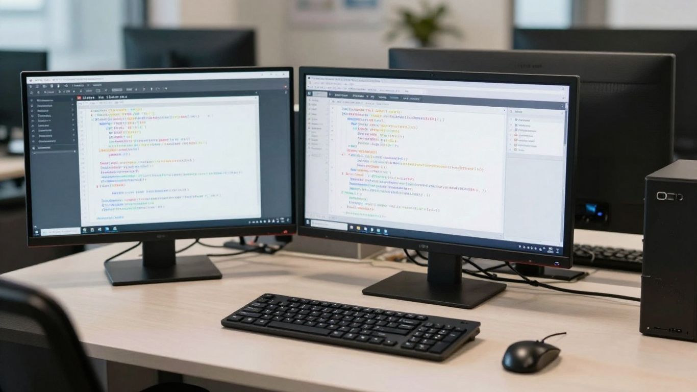 Escritorio con monitores mostrando código y herramientas de desarrollo.