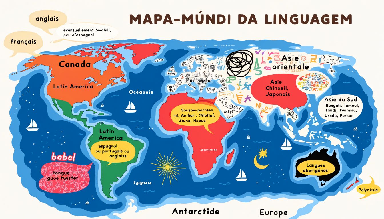 Mapa-múndi ilustrado com palavras em diferentes idiomas e destaque para regiões de grande diversidade linguística