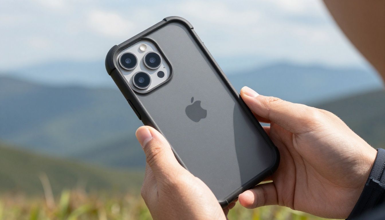 A person hiking in the Blue Mountains, carefully checking their iPhone which is in a sturdy, protective case.