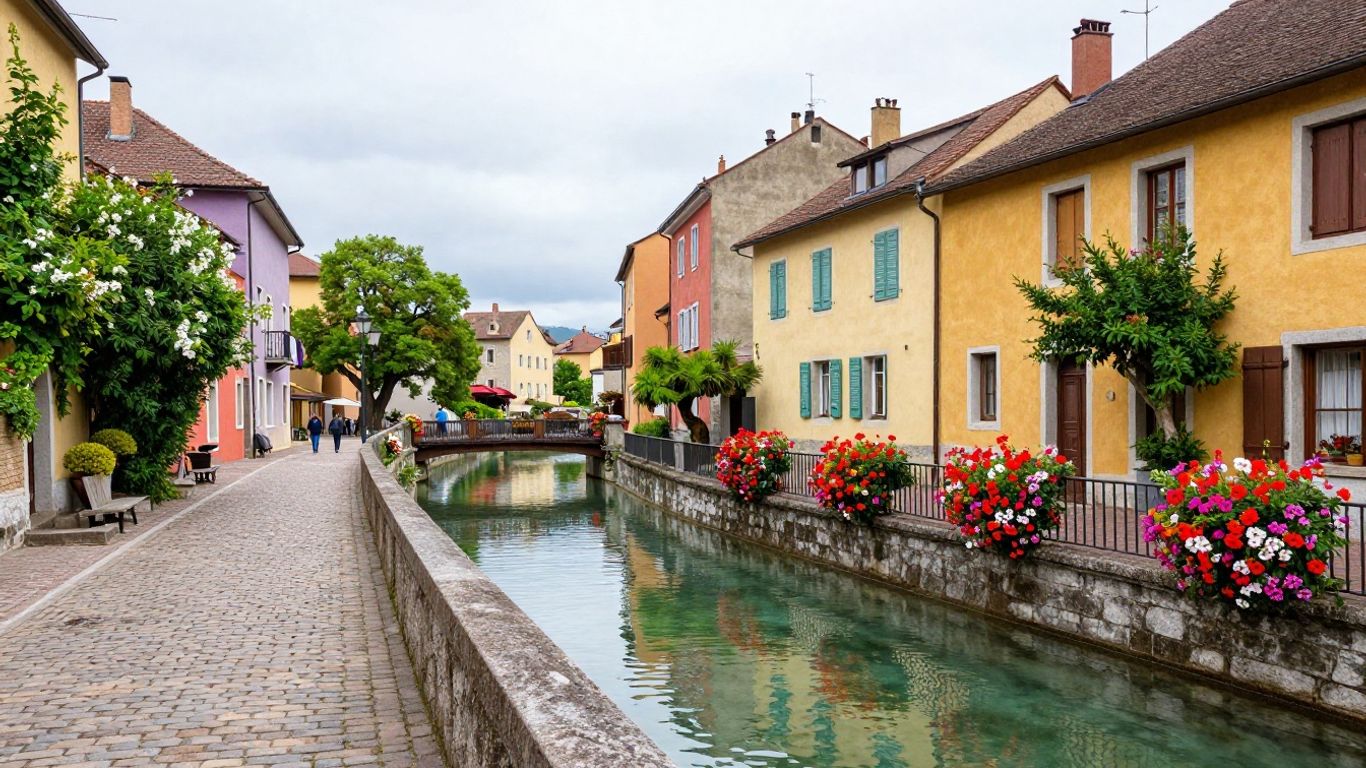 Annecy canal with colorful buildings and bridges.