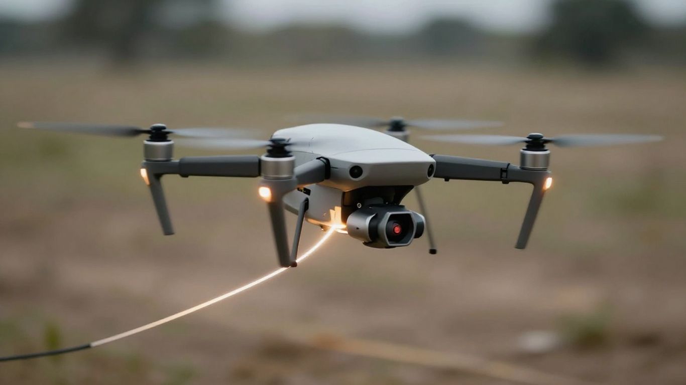Drone with fiber optic tether in flight.