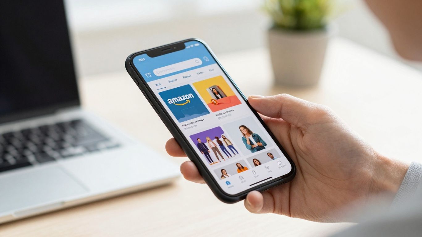 Hands holding smartphone with Amazon marketplace on screen.