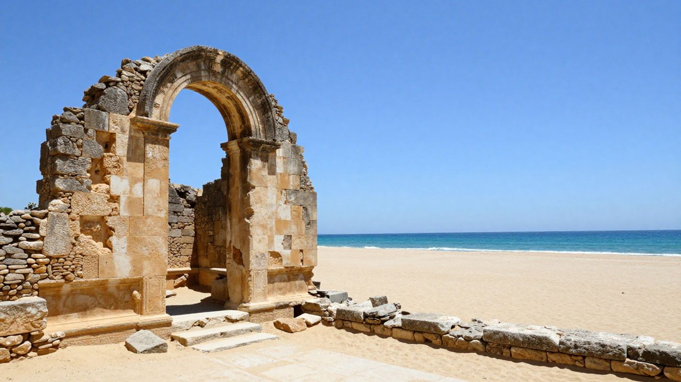 Ancient ruins and empty beach in Languedoc