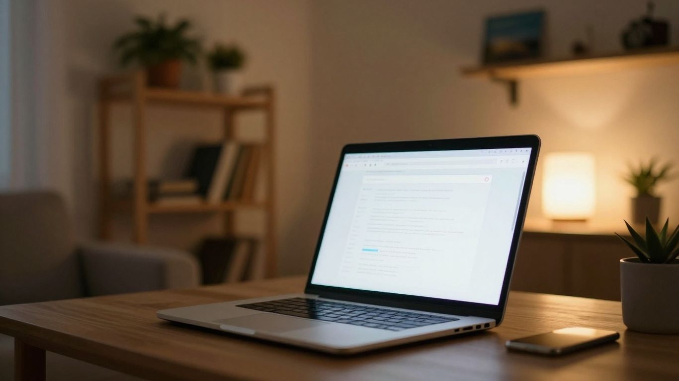 A laptop glowing in a dimly lit, cozy room