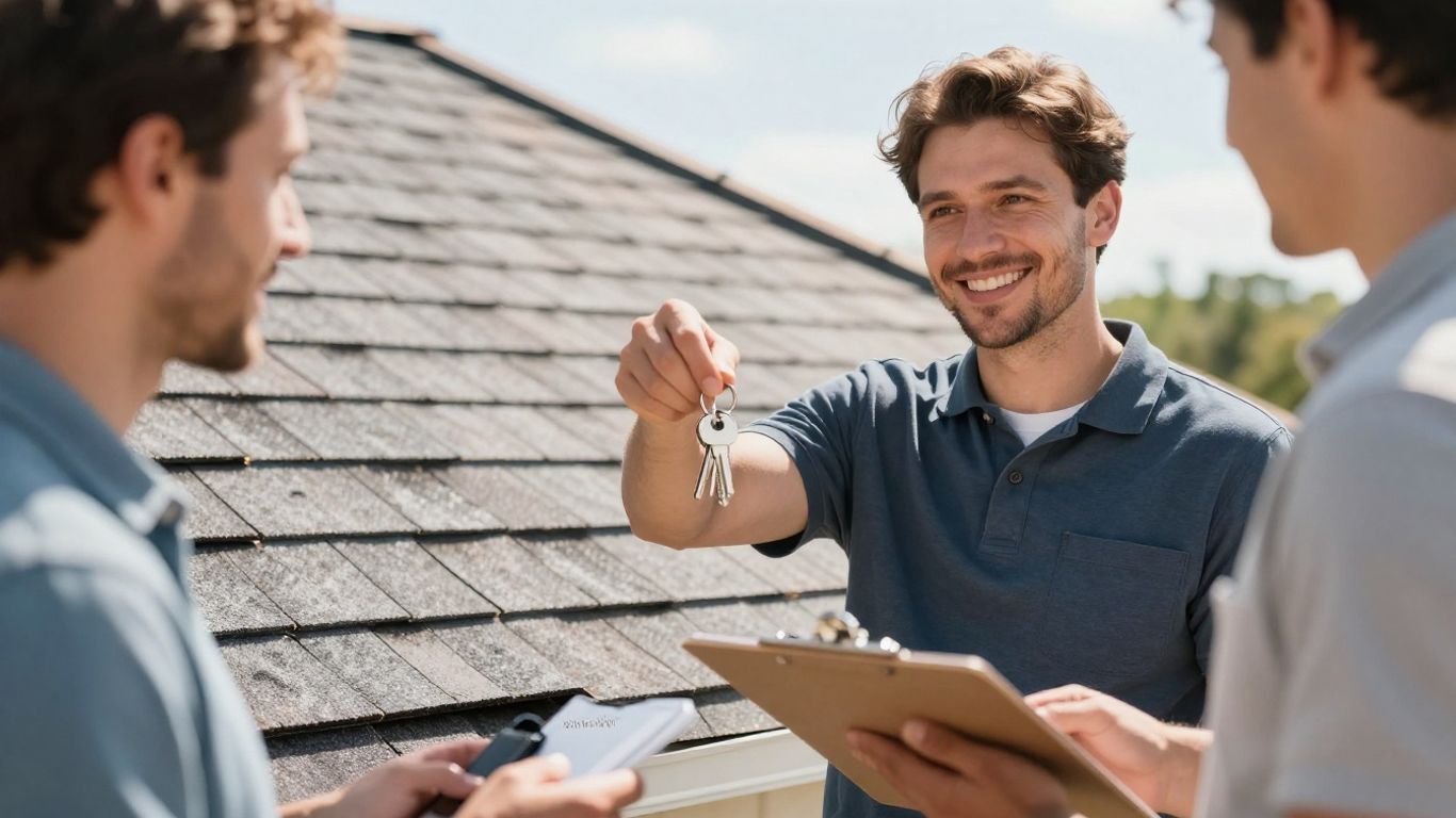 Roofer receives keys from happy homeowner after job.